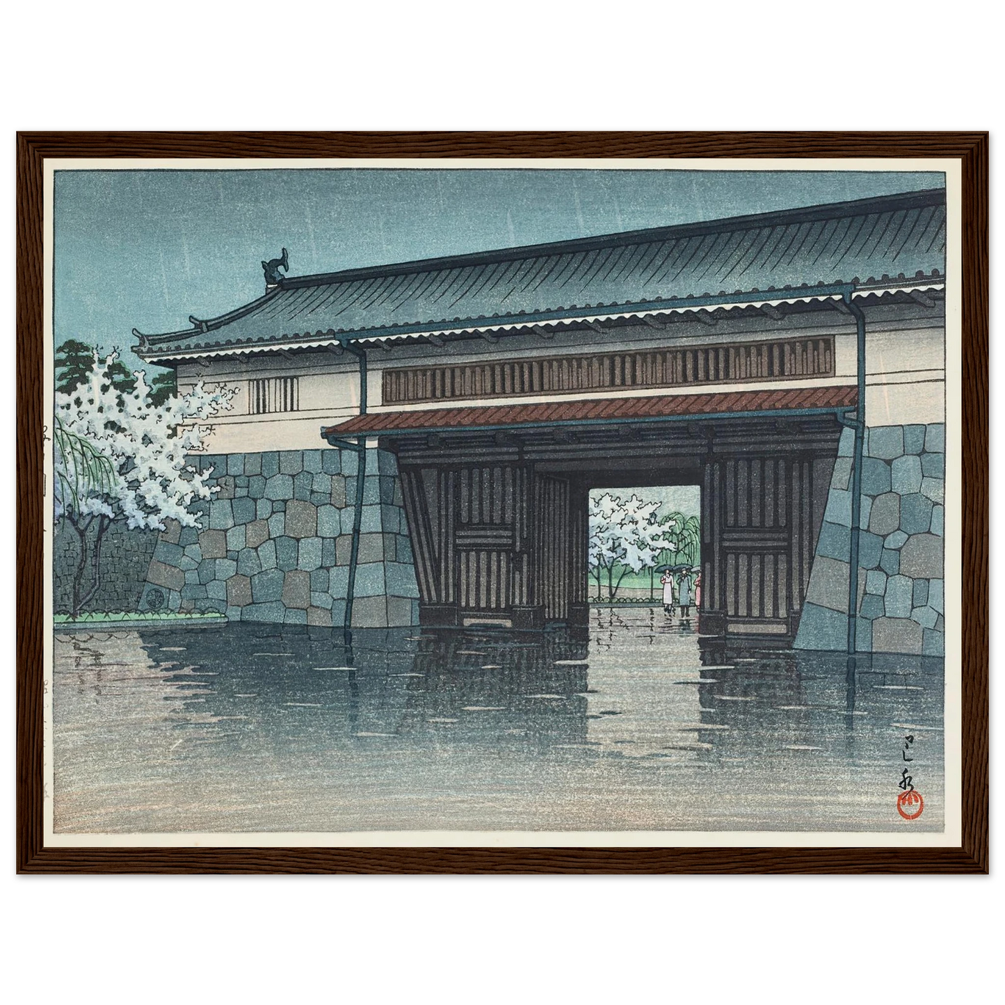 Sakuradamon no harusame (Spring rain at Sakurada Gate) (1952) Art Print | Kawase Hasui - Framed Poster - 30x40 cm / 12x16″ - Black frame