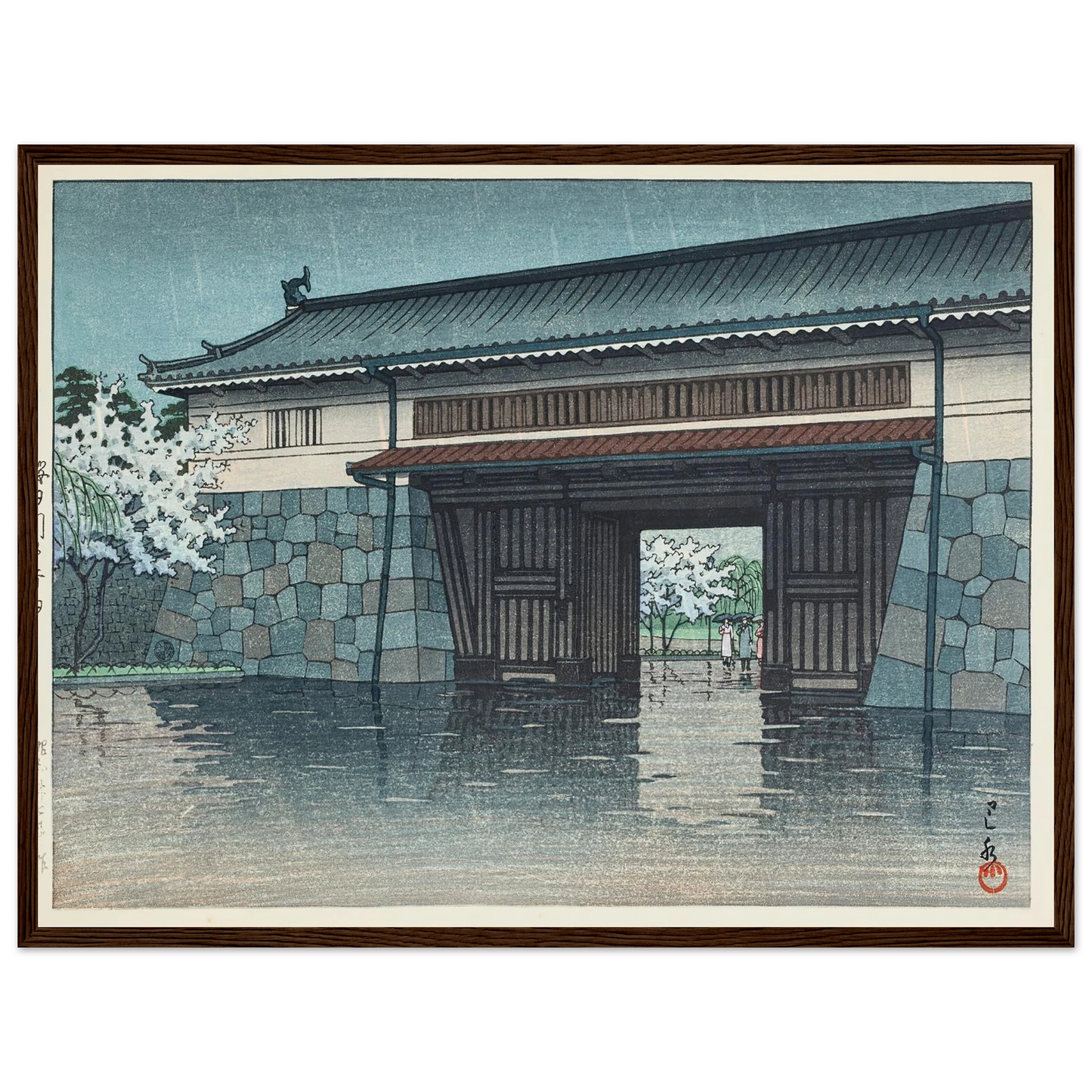 Sakuradamon no harusame (Spring rain at Sakurada Gate) (1952) Art Print | Kawase Hasui - Framed Poster - 30x40 cm / 12x16″ - Black frame