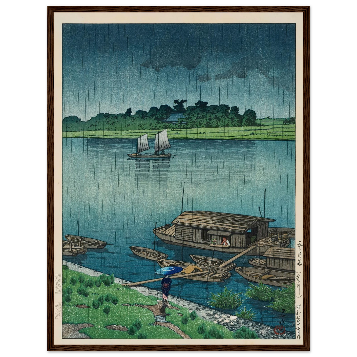 Samidare (Arakawa) (Early summer rain at Arakawa) (1932) Art Print | Kawase Hasui - Framed Poster - 30x40 cm / 12x16″ - Black frame
