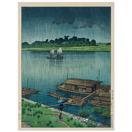 Samidare (Arakawa) (Early summer rain at Arakawa) (1932) Art Print | Kawase Hasui - Framed Poster - 30x40 cm / 12x16″ - Black frame