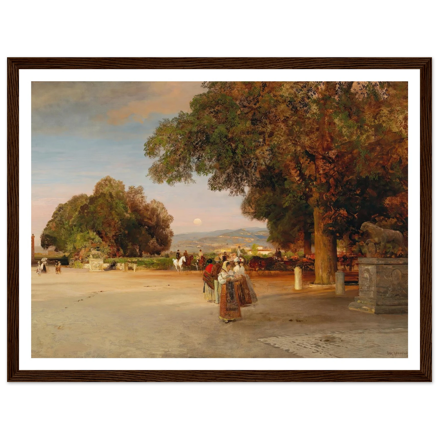 Scene at dusk on the terrace of Villa Grazioli in Grottaferrata Art Print | Oswald Achenbach - Framed Poster - 30x40 cm / 12x16″ - Black frame