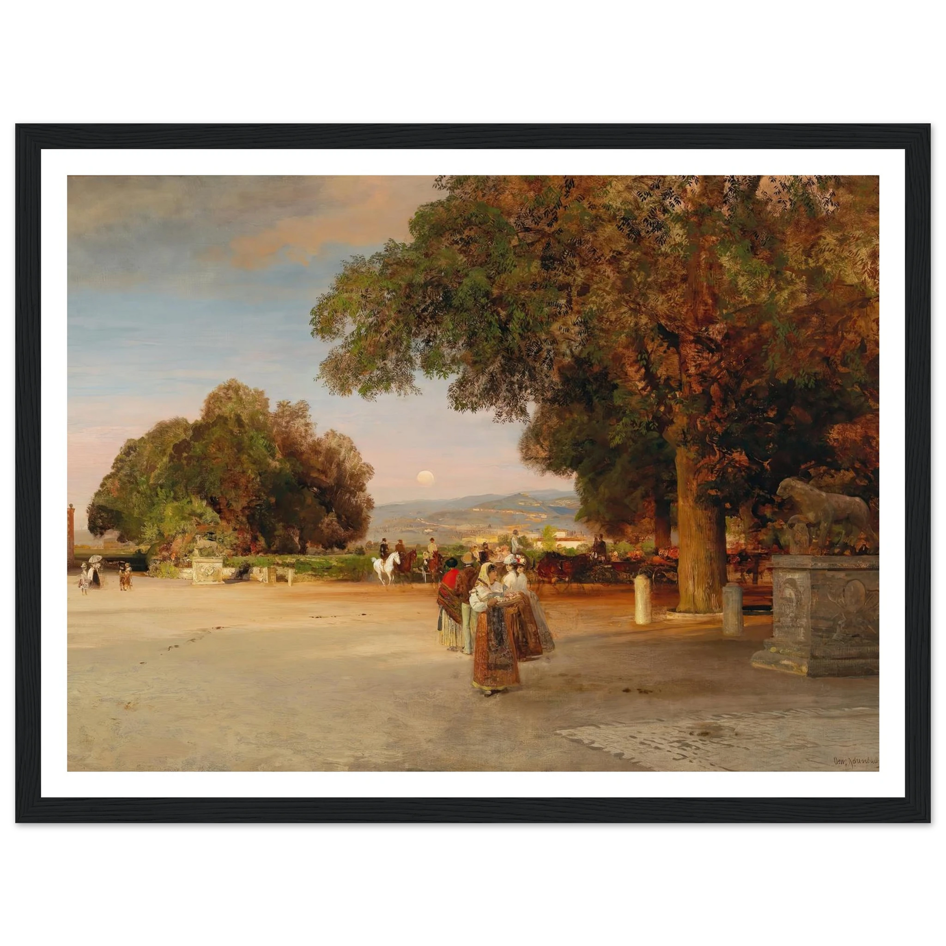 Scene at dusk on the terrace of Villa Grazioli in Grottaferrata Art Print | Oswald Achenbach - Framed Poster - 30x40 cm / 12x16″ - Black frame