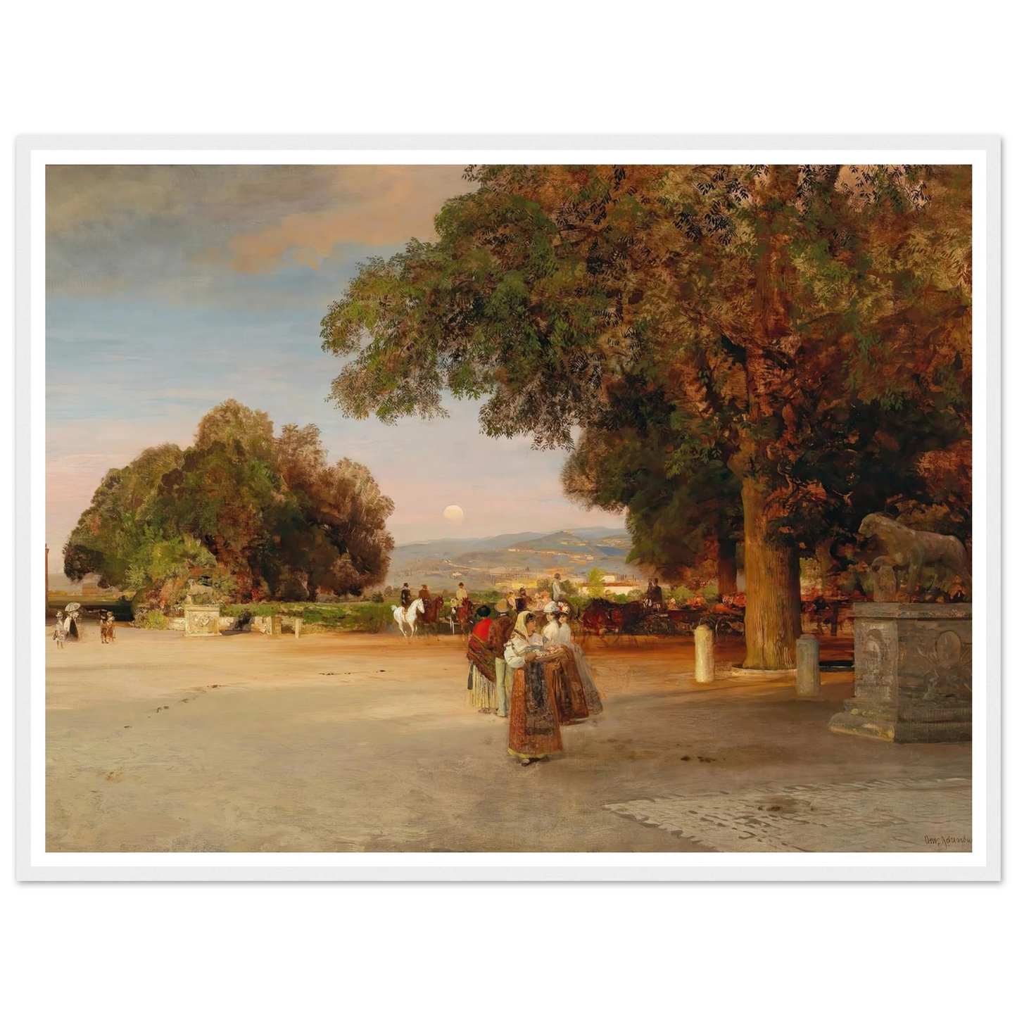 Scene at dusk on the terrace of Villa Grazioli in Grottaferrata Art Print | Oswald Achenbach - Framed Poster - 30x40 cm / 12x16″ - Black frame