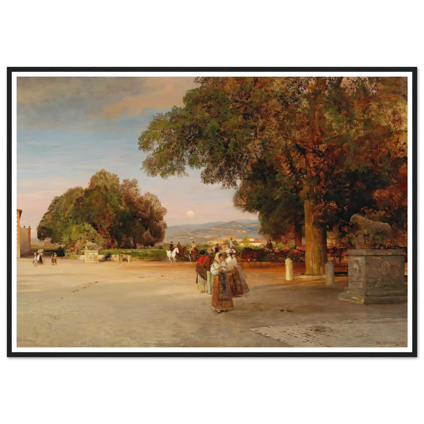 Scene at dusk on the terrace of Villa Grazioli in Grottaferrata Art Print | Oswald Achenbach - Framed Poster - 30x40 cm / 12x16″ - Black frame