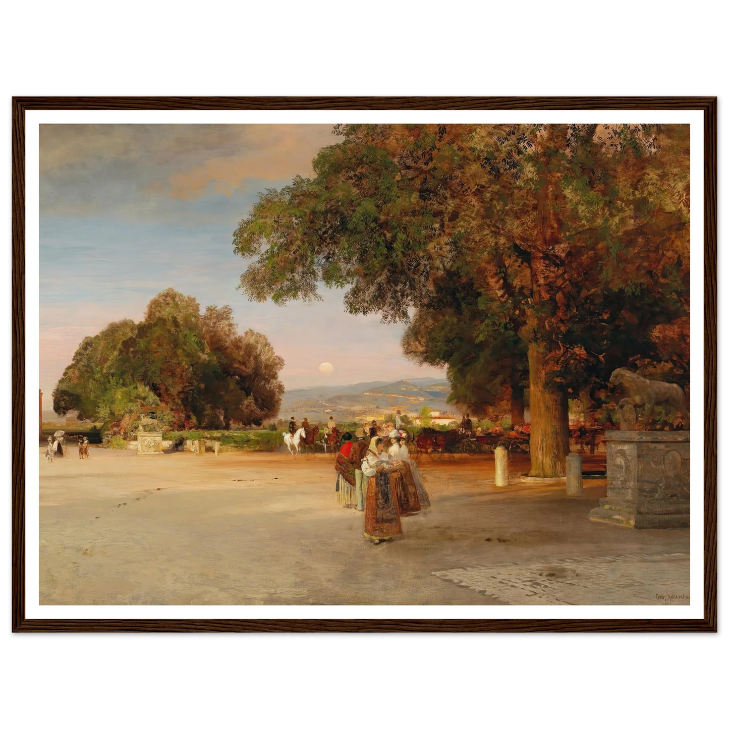 Scene at dusk on the terrace of Villa Grazioli in Grottaferrata Art Print | Oswald Achenbach - Framed Poster - 30x40 cm / 12x16″ - Black frame