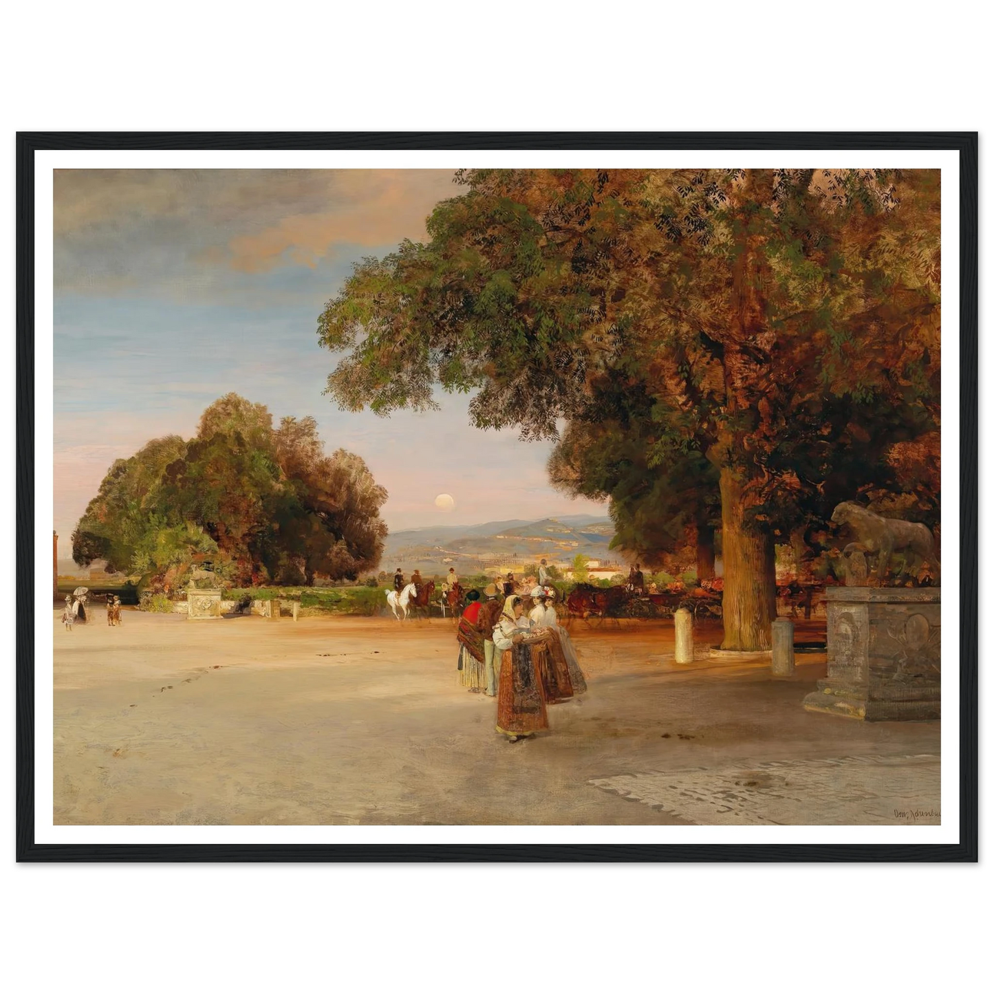Scene at dusk on the terrace of Villa Grazioli in Grottaferrata Art Print | Oswald Achenbach - Framed Poster - 30x40 cm / 12x16″ - Black frame