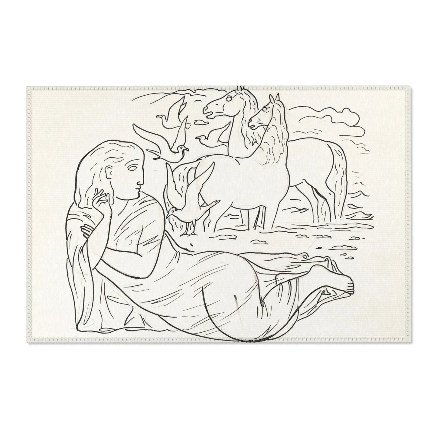 Schetsblad met vrouw liggend aan het strand met twee paarden en enkele zeemeeuwen (1891) Rug | Leo Gestel - - 36" × 24" - 