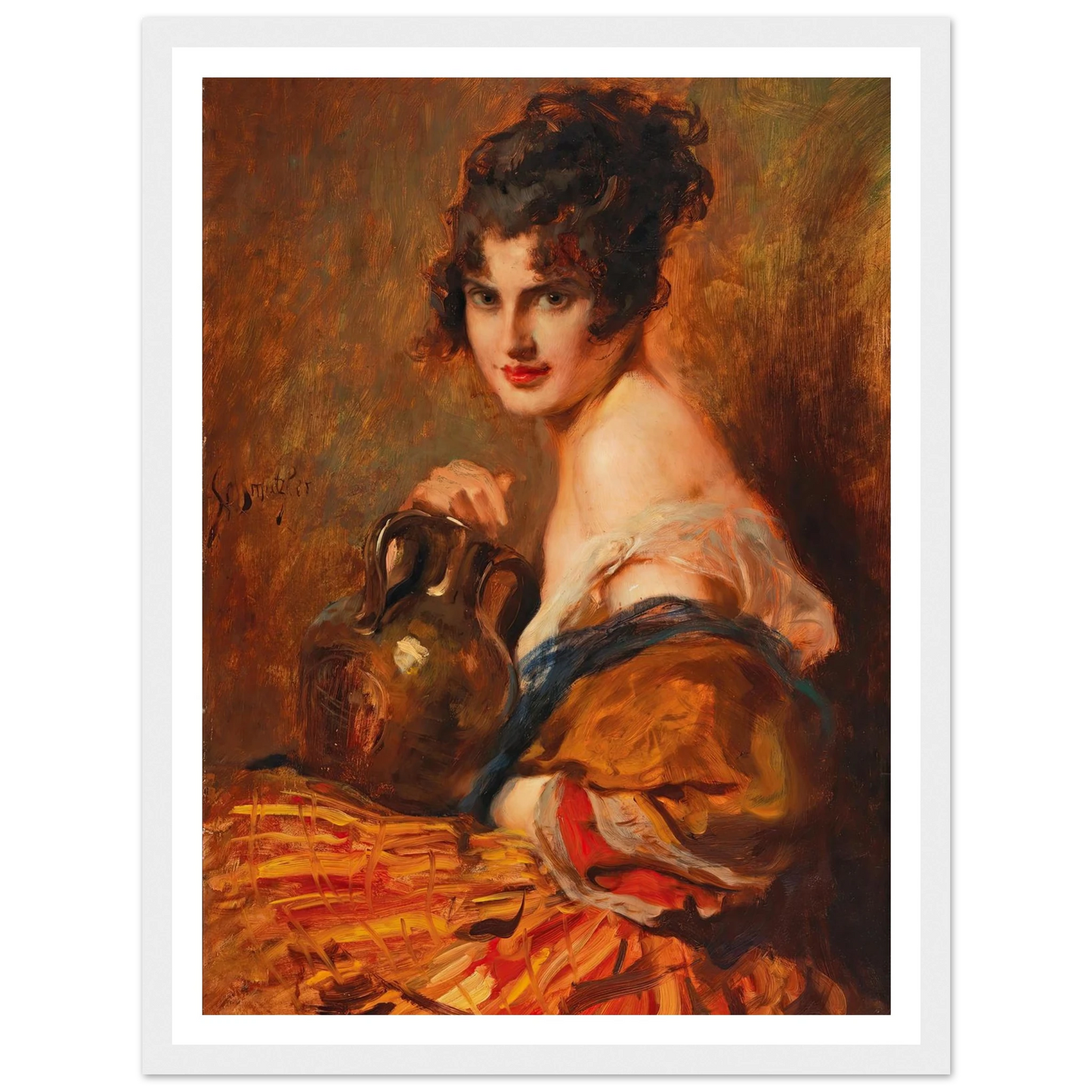 Schöne mit Weinkaraffe Art Print | Leopold Schmutzler - Framed Poster - 30x40 cm / 12x16″ - Black frame