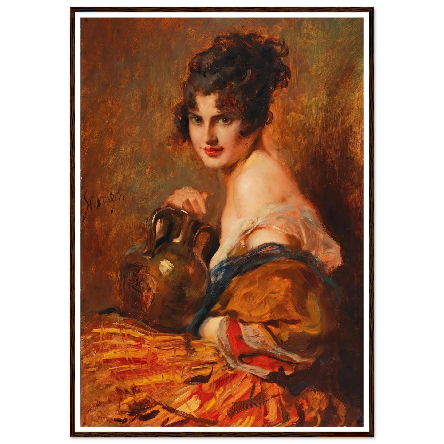 Schöne mit Weinkaraffe Art Print | Leopold Schmutzler - Framed Poster - 30x40 cm / 12x16″ - Black frame