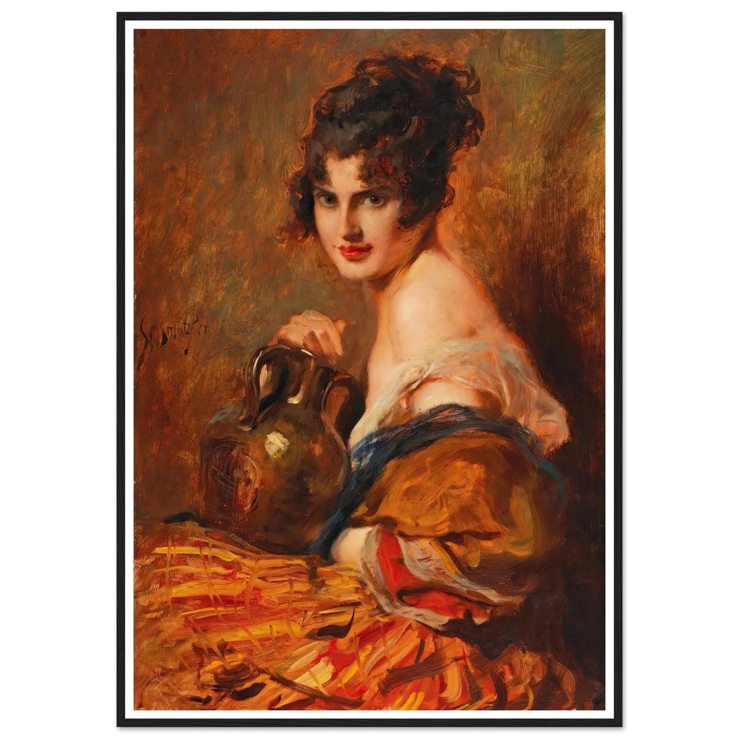 Schöne mit Weinkaraffe Art Print | Leopold Schmutzler - Framed Poster - 30x40 cm / 12x16″ - Black frame