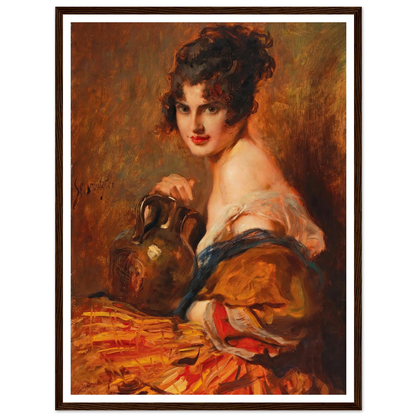 Schöne mit Weinkaraffe Art Print | Leopold Schmutzler - Framed Poster - 30x40 cm / 12x16″ - Black frame