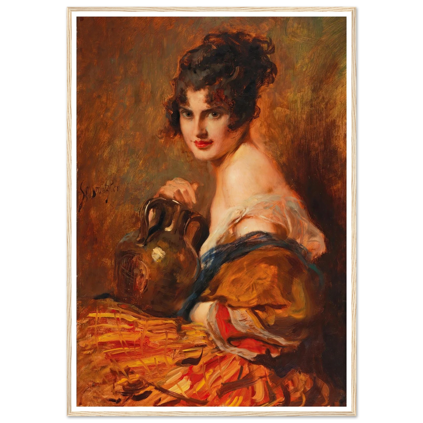 Schöne mit Weinkaraffe Art Print | Leopold Schmutzler - Framed Poster - 30x40 cm / 12x16″ - Black frame