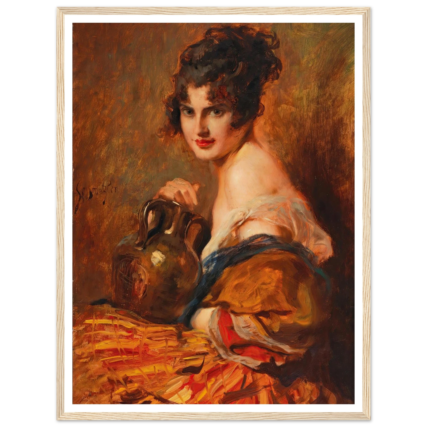 Schöne mit Weinkaraffe Art Print | Leopold Schmutzler - Framed Poster - 30x40 cm / 12x16″ - Black frame