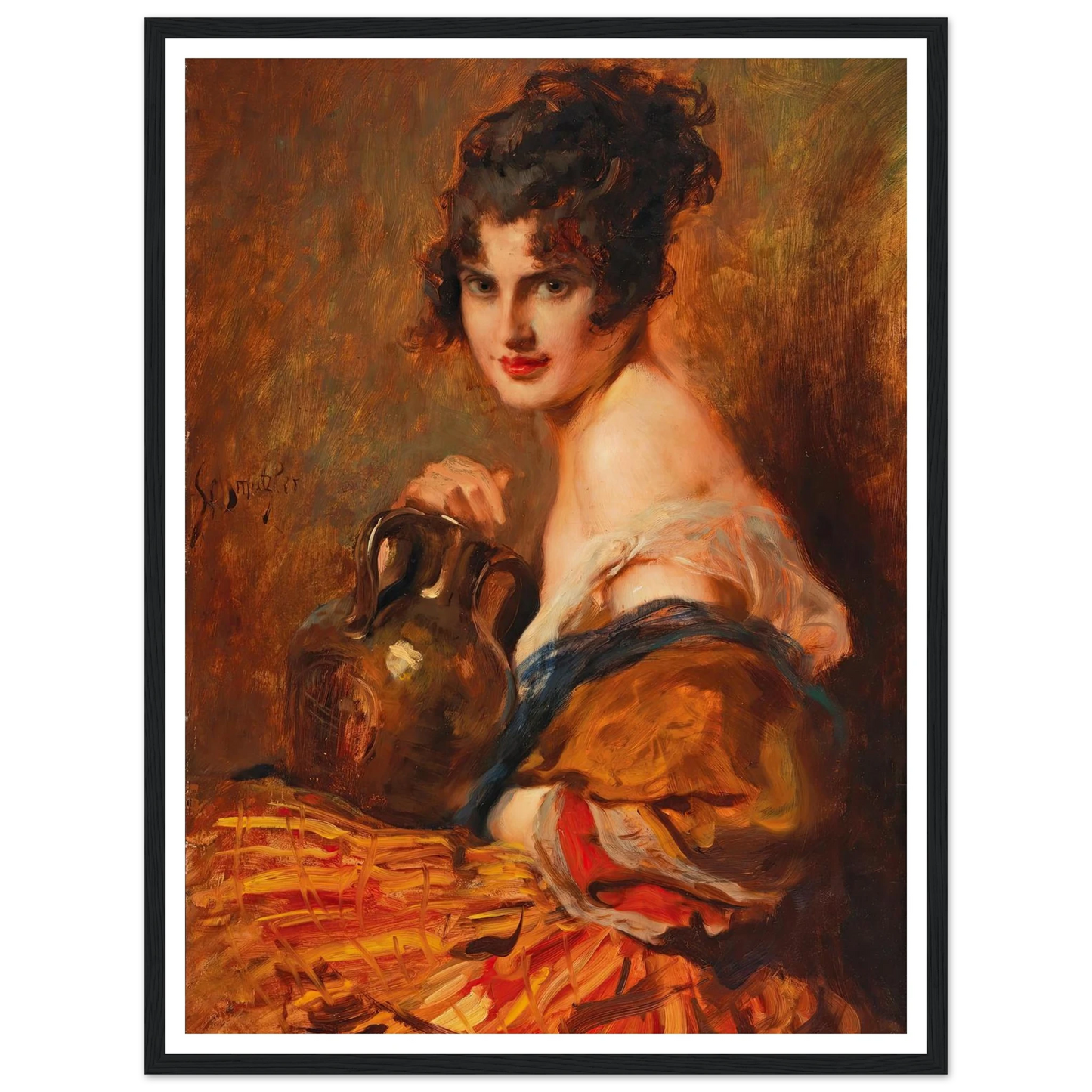 Schöne mit Weinkaraffe Art Print | Leopold Schmutzler - Framed Poster - 30x40 cm / 12x16″ - Black frame