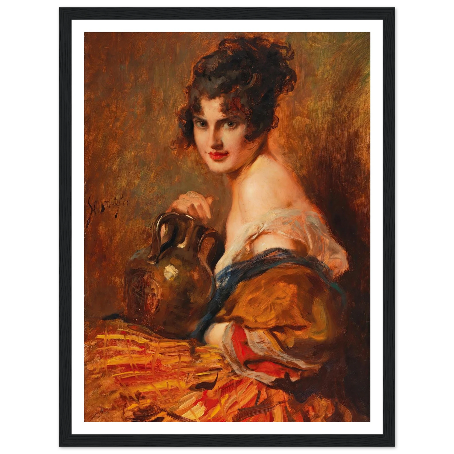 Schöne mit Weinkaraffe Art Print | Leopold Schmutzler - Framed Poster - 30x40 cm / 12x16″ - Black frame