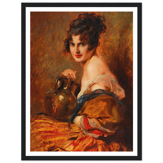 Schöne mit Weinkaraffe Art Print | Leopold Schmutzler - Framed Poster - 30x40 cm / 12x16″ - Black frame