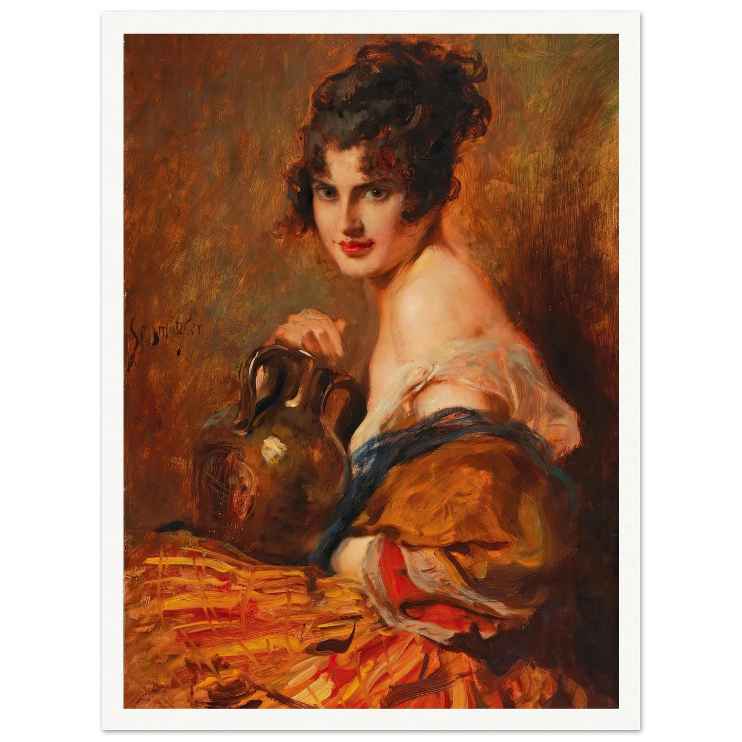 Schöne mit Weinkaraffe Art Print | Leopold Schmutzler - Framed Poster - 30x40 cm / 12x16″ - Black frame