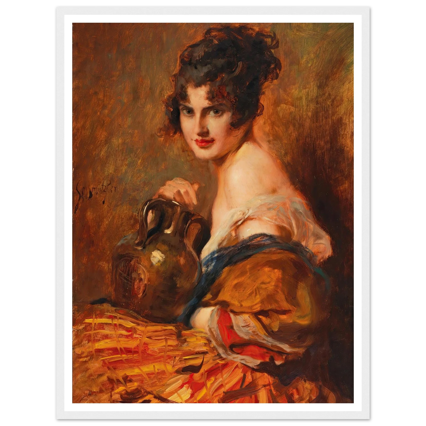 Schöne mit Weinkaraffe Art Print | Leopold Schmutzler - Framed Poster - 30x40 cm / 12x16″ - Black frame