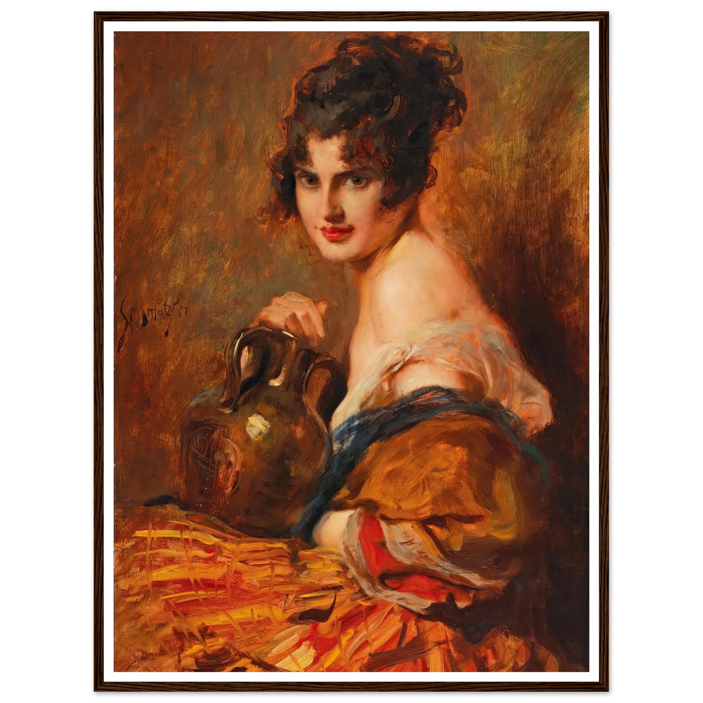 Schöne mit Weinkaraffe Art Print | Leopold Schmutzler - Framed Poster - 30x40 cm / 12x16″ - Black frame