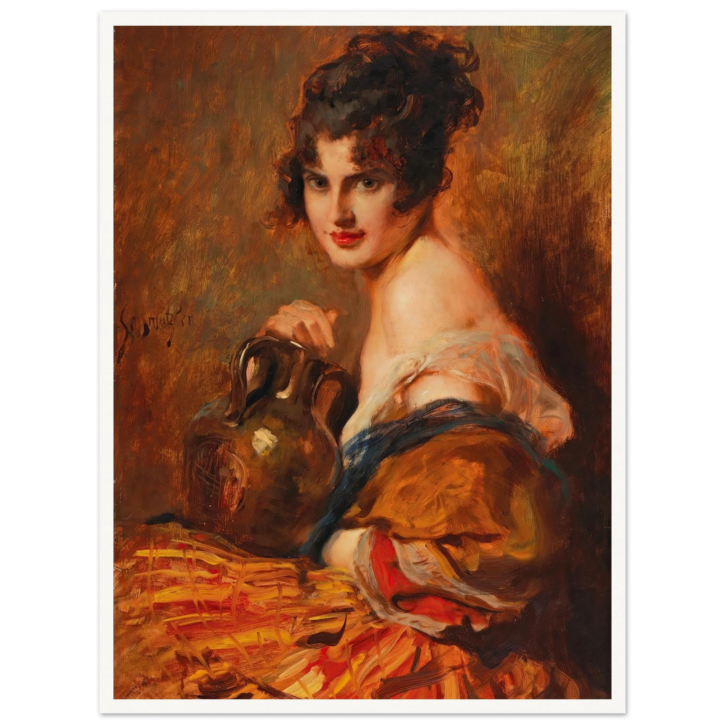 Schöne mit Weinkaraffe Art Print | Leopold Schmutzler - Framed Poster - 30x40 cm / 12x16″ - Black frame