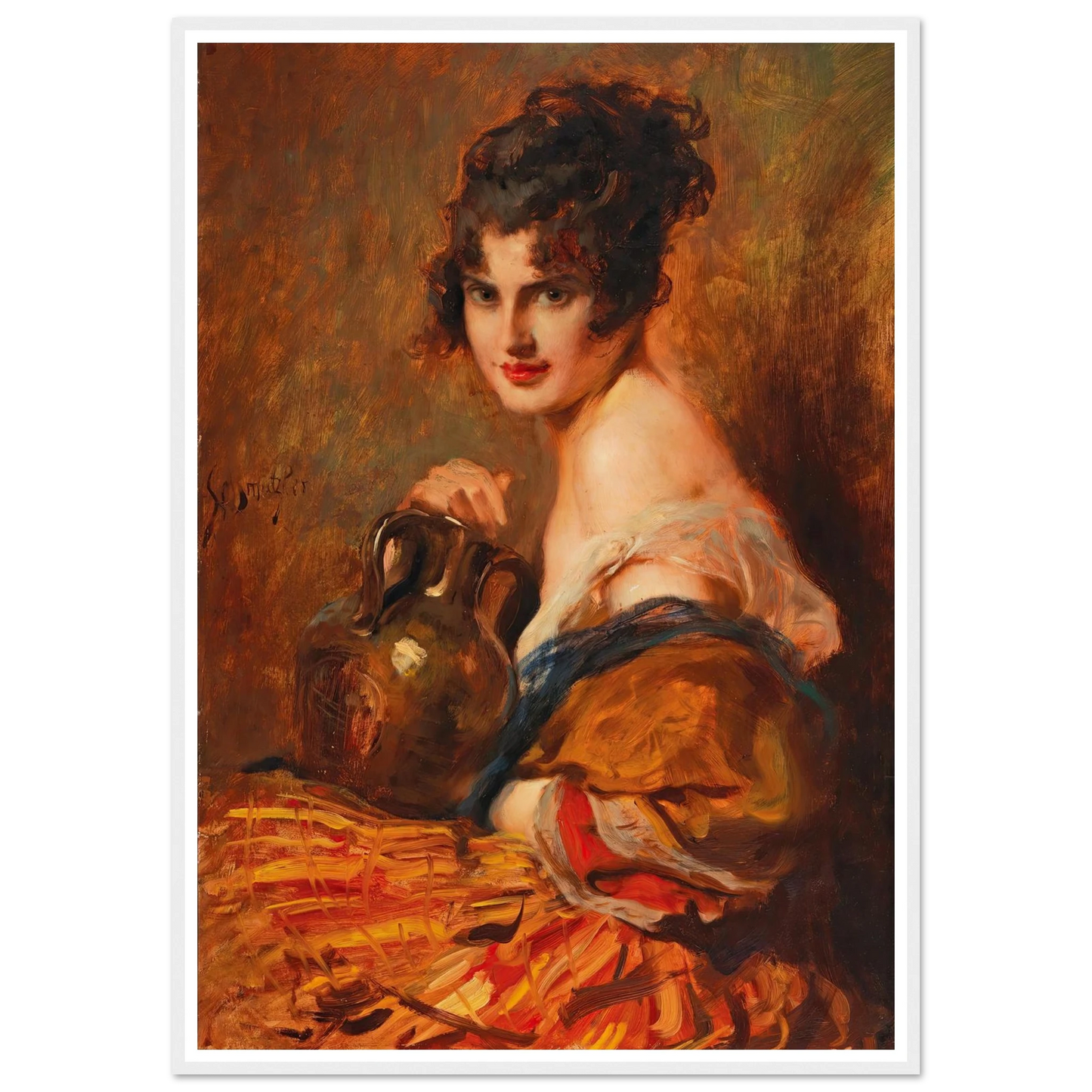 Schöne mit Weinkaraffe Art Print | Leopold Schmutzler - Framed Poster - 30x40 cm / 12x16″ - Black frame