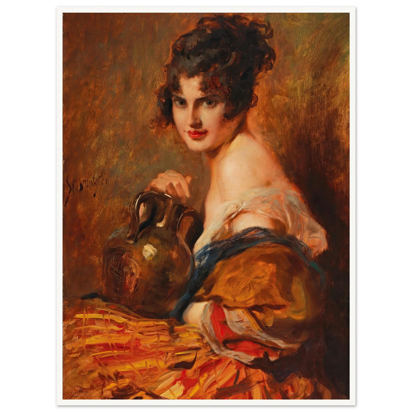 Schöne mit Weinkaraffe Art Print | Leopold Schmutzler - Framed Poster - 30x40 cm / 12x16″ - Black frame