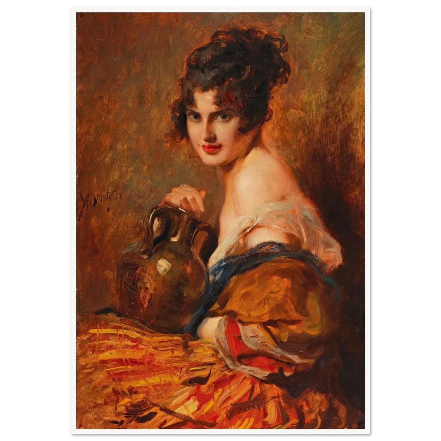 Schöne mit Weinkaraffe Art Print | Leopold Schmutzler - Framed Poster - 30x40 cm / 12x16″ - Black frame