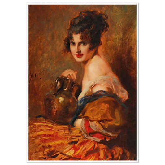 Schöne mit Weinkaraffe Art Print | Leopold Schmutzler - Framed Poster - 30x40 cm / 12x16″ - Black frame