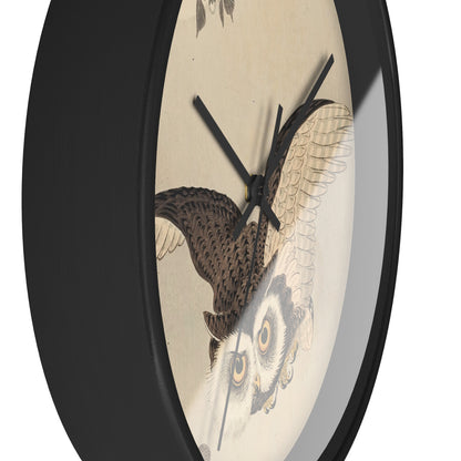 Scops Owl Flying under Cherry Blossoms with Full Moon Wall Clock | Ohara Shoson - Black - Black Base - 10"