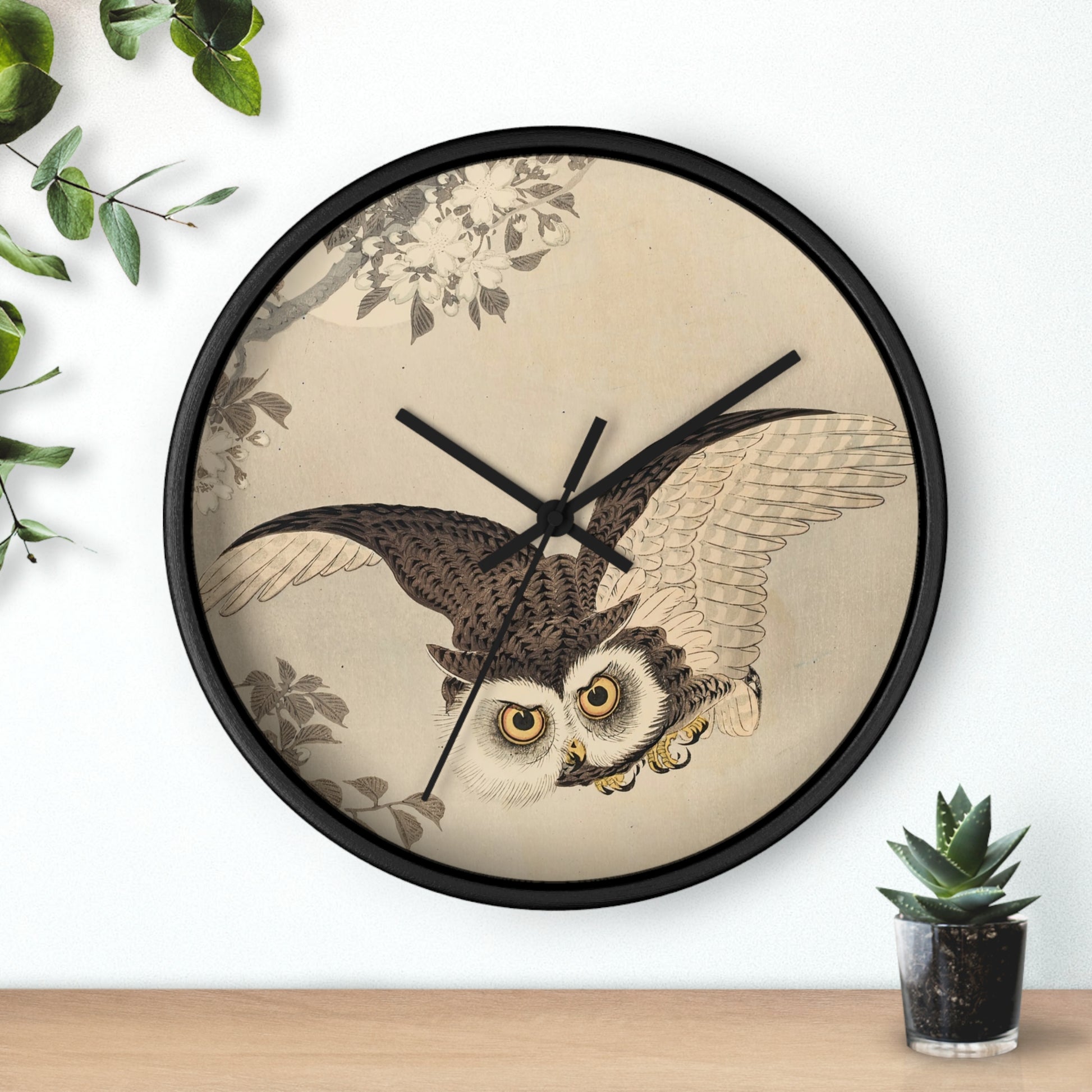 Scops Owl Flying under Cherry Blossoms with Full Moon Wall Clock | Ohara Shoson - Black - Black Base - 10"