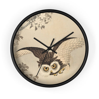 Scops Owl Flying under Cherry Blossoms with Full Moon Wall Clock | Ohara Shoson - Black - Black Base - 10"