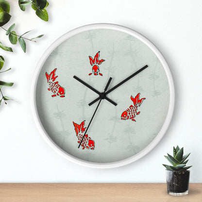 Seamless Gold Fish Illustration Wall Clock | Watanabe Seitei - Black - White Base - 10"