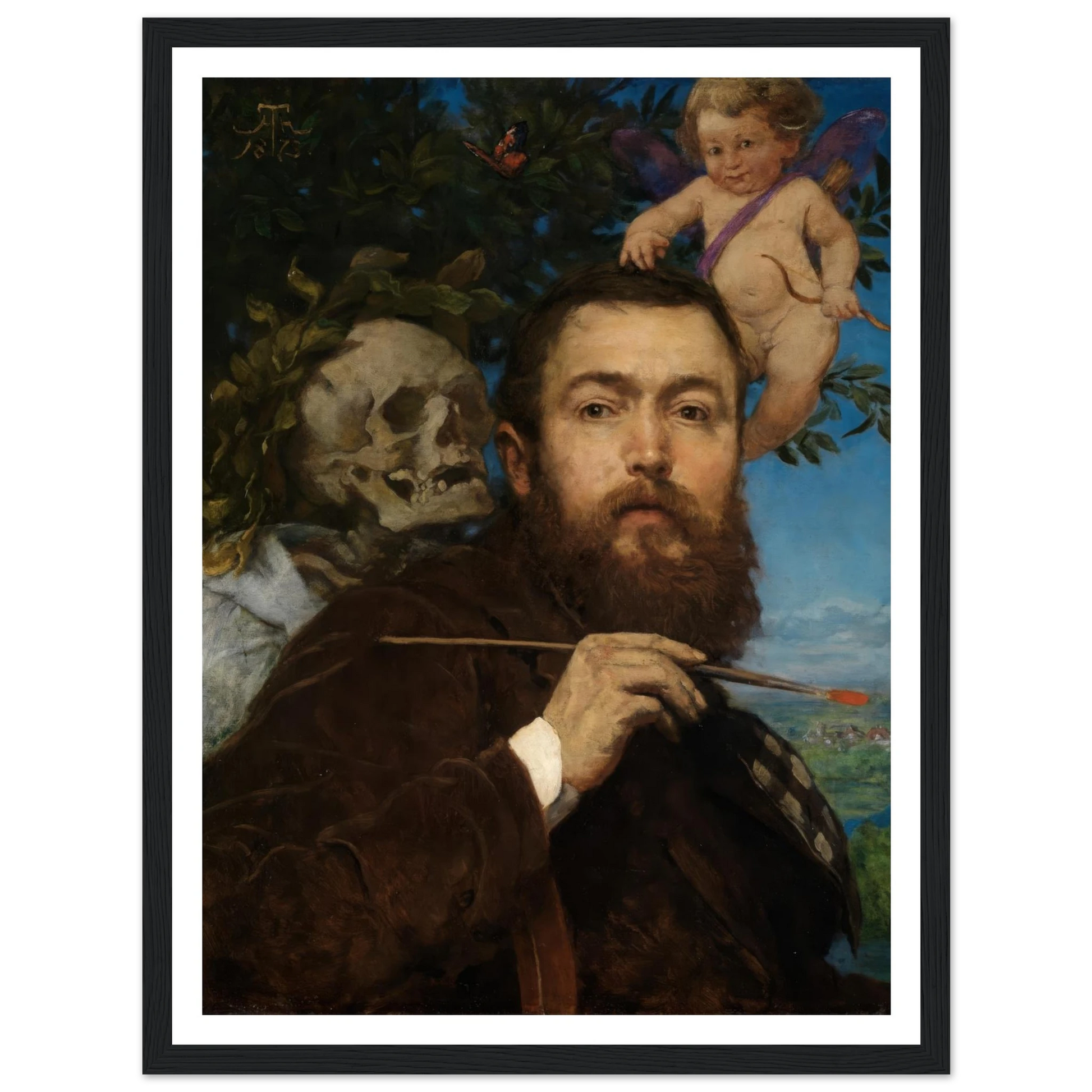 Self-portrait with Cupid and Death (ca 1875) Art Print | Hans Thoma - Framed Poster - 30x40 cm / 12x16″ - Black frame