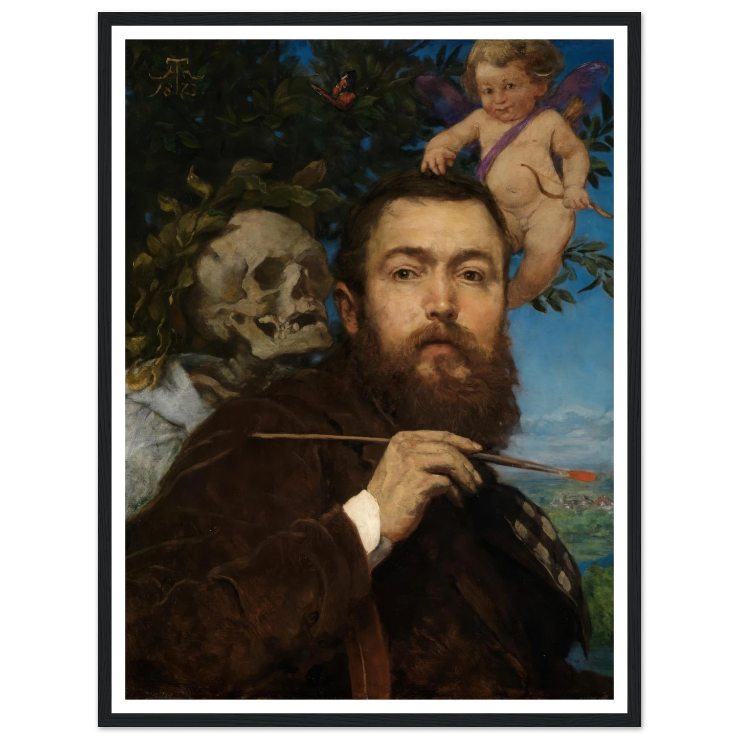 Self-portrait with Cupid and Death (ca 1875) Art Print | Hans Thoma - Framed Poster - 30x40 cm / 12x16″ - Black frame