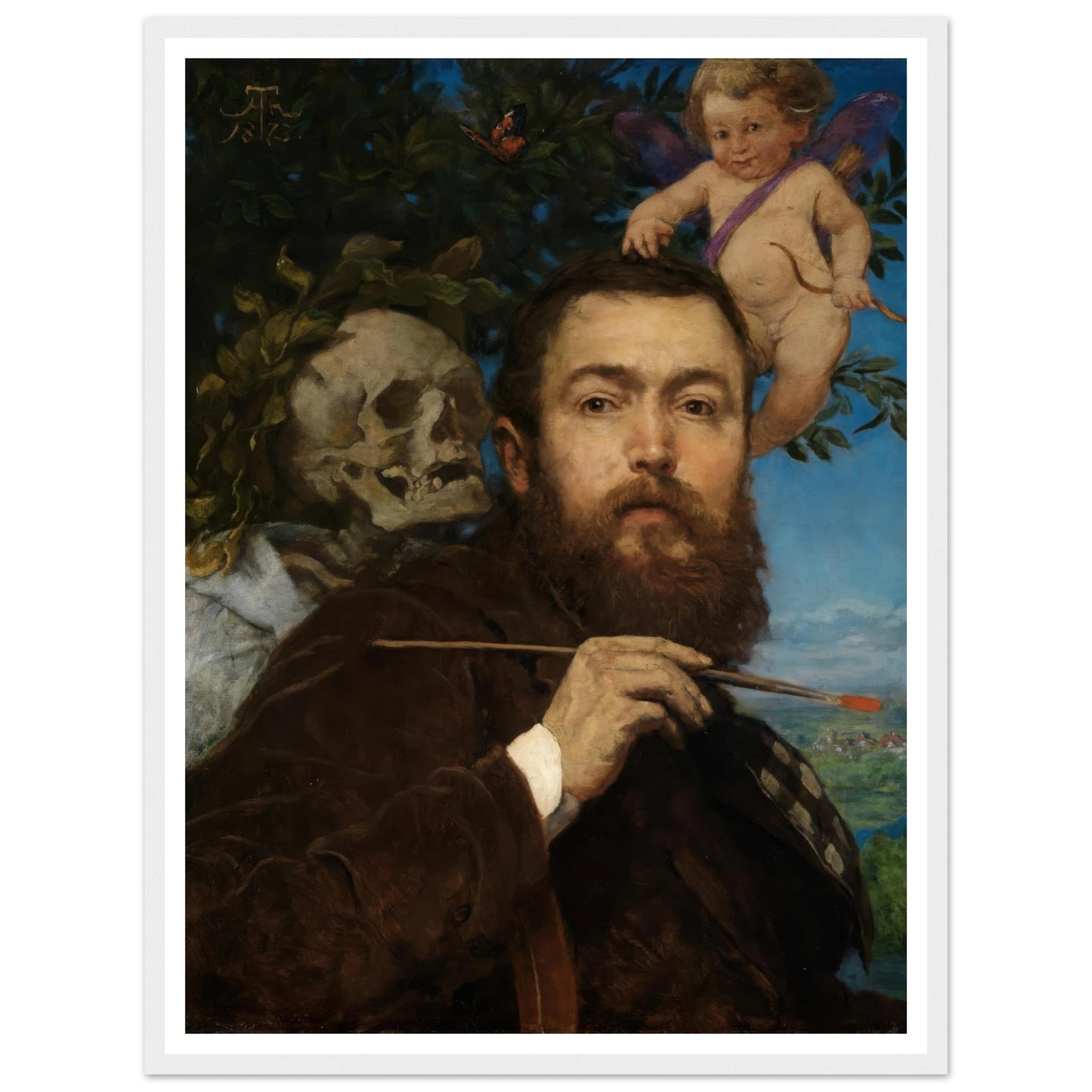 Self-portrait with Cupid and Death (ca 1875) Art Print | Hans Thoma - Framed Poster - 30x40 cm / 12x16″ - Black frame