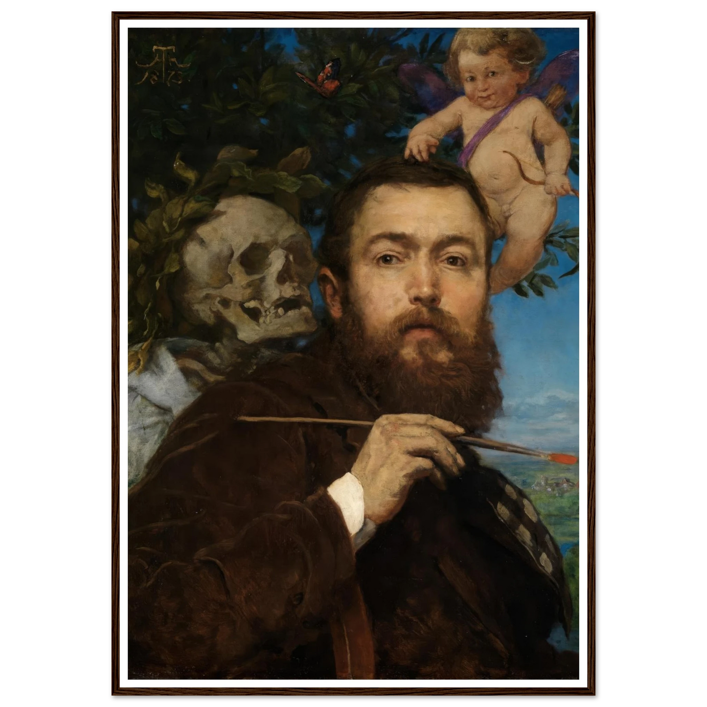 Self-portrait with Cupid and Death (ca 1875) Art Print | Hans Thoma - Framed Poster - 30x40 cm / 12x16″ - Black frame