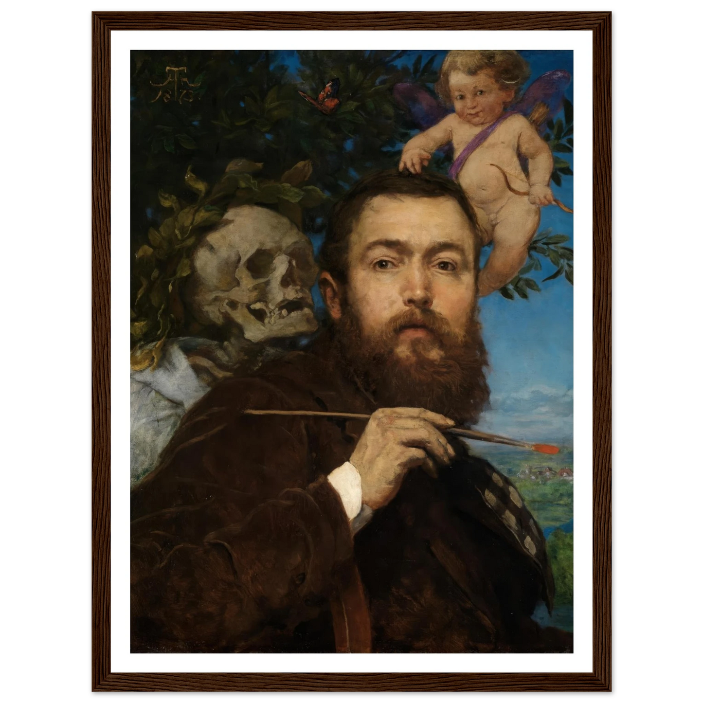 Self-portrait with Cupid and Death (ca 1875) Art Print | Hans Thoma - Framed Poster - 30x40 cm / 12x16″ - Black frame