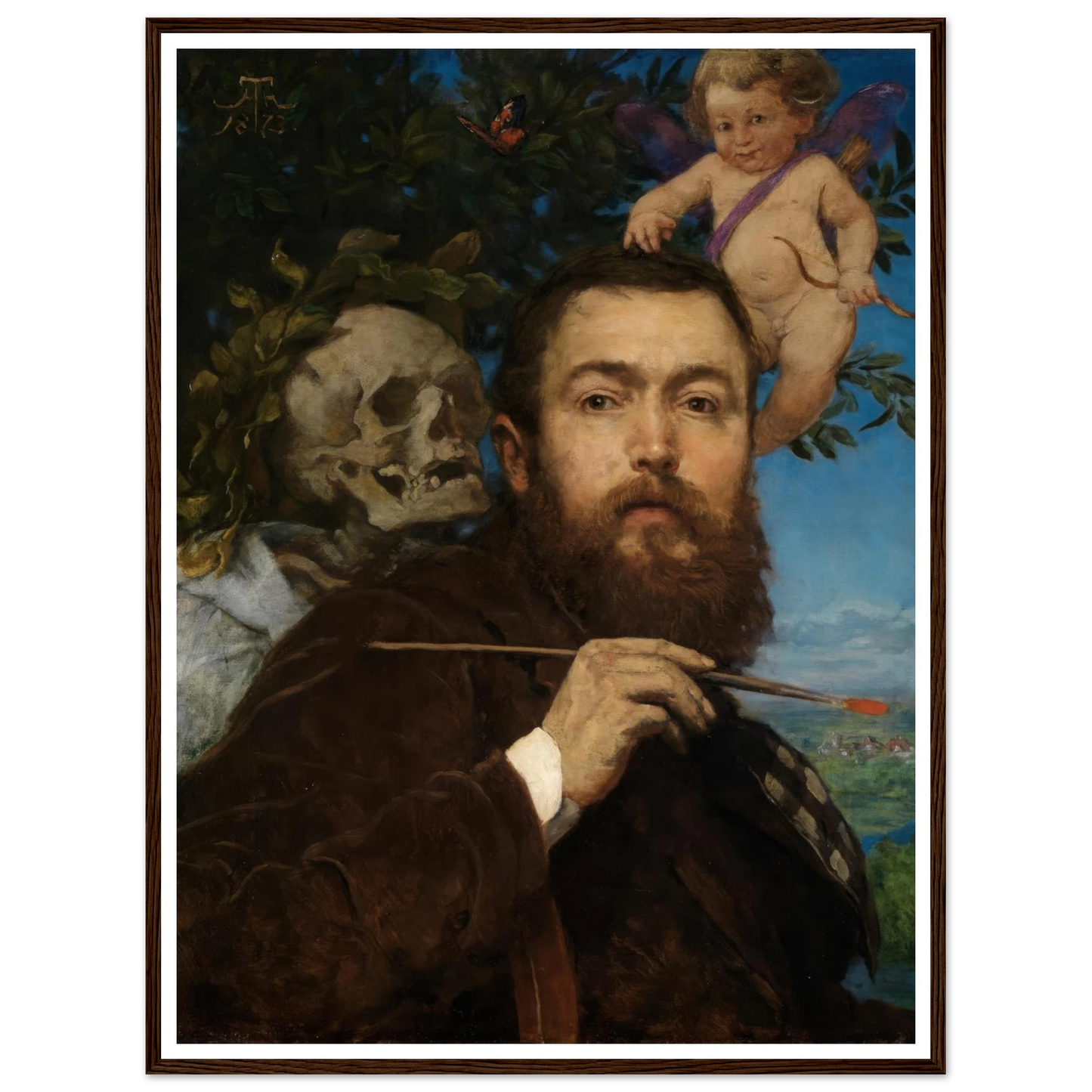 Self-portrait with Cupid and Death (ca 1875) Art Print | Hans Thoma - Framed Poster - 30x40 cm / 12x16″ - Black frame