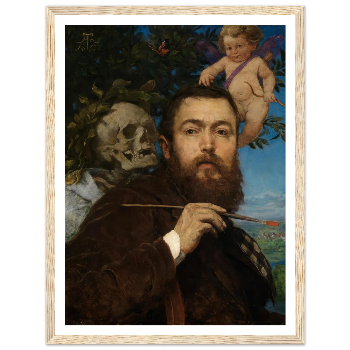 Self-portrait with Cupid and Death (ca 1875) Art Print | Hans Thoma - Framed Poster - 30x40 cm / 12x16″ - Black frame