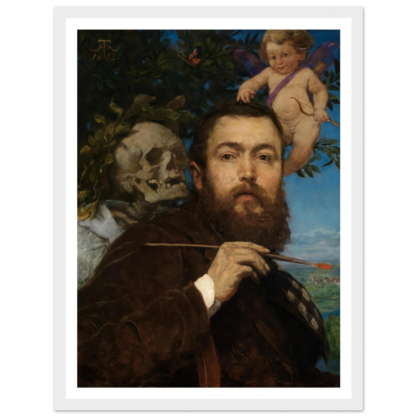 Self-portrait with Cupid and Death (ca 1875) Art Print | Hans Thoma - Framed Poster - 30x40 cm / 12x16″ - Black frame