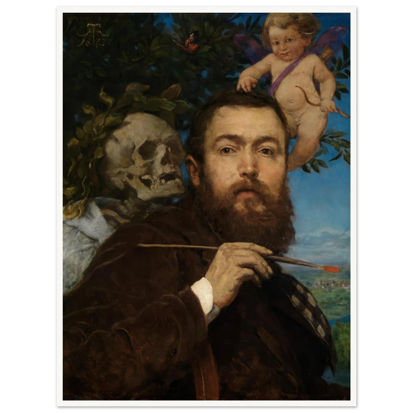 Self-portrait with Cupid and Death (ca 1875) Art Print | Hans Thoma - Framed Poster - 30x40 cm / 12x16″ - Black frame