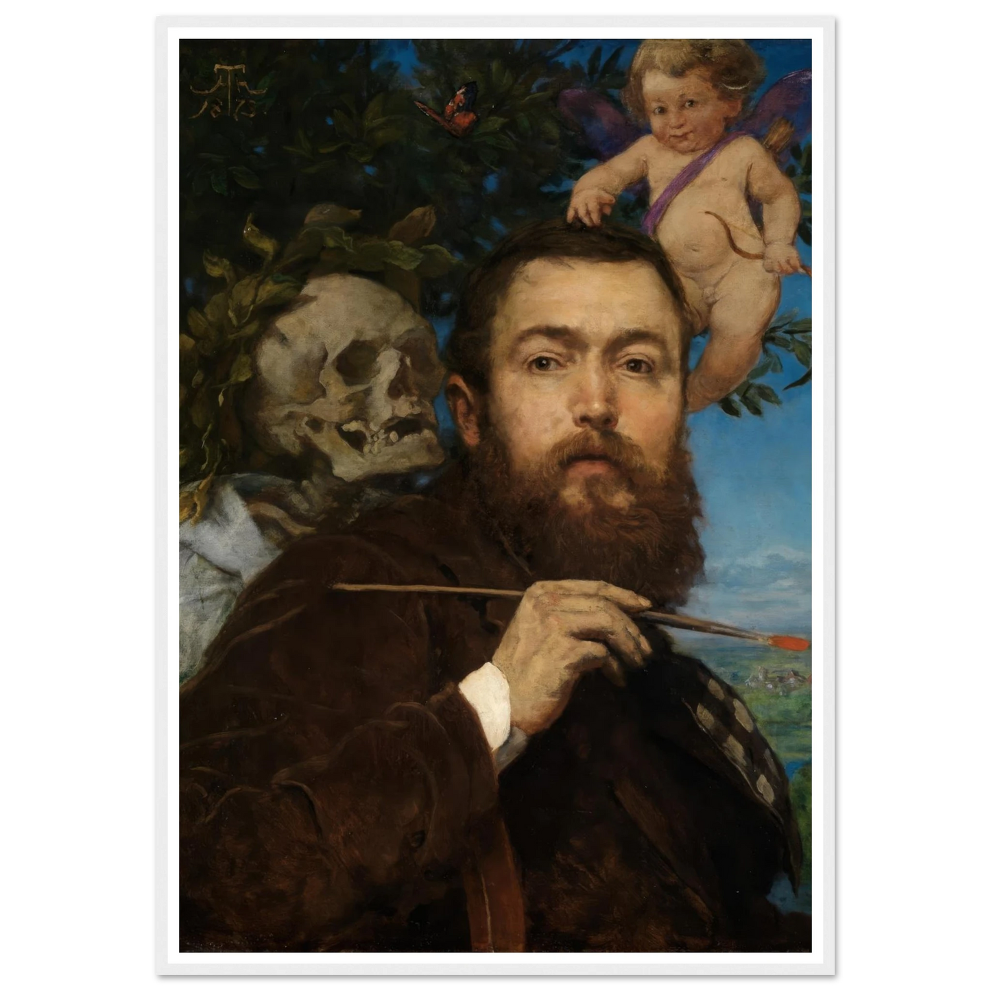 Self-portrait with Cupid and Death (ca 1875) Art Print | Hans Thoma - Framed Poster - 30x40 cm / 12x16″ - Black frame