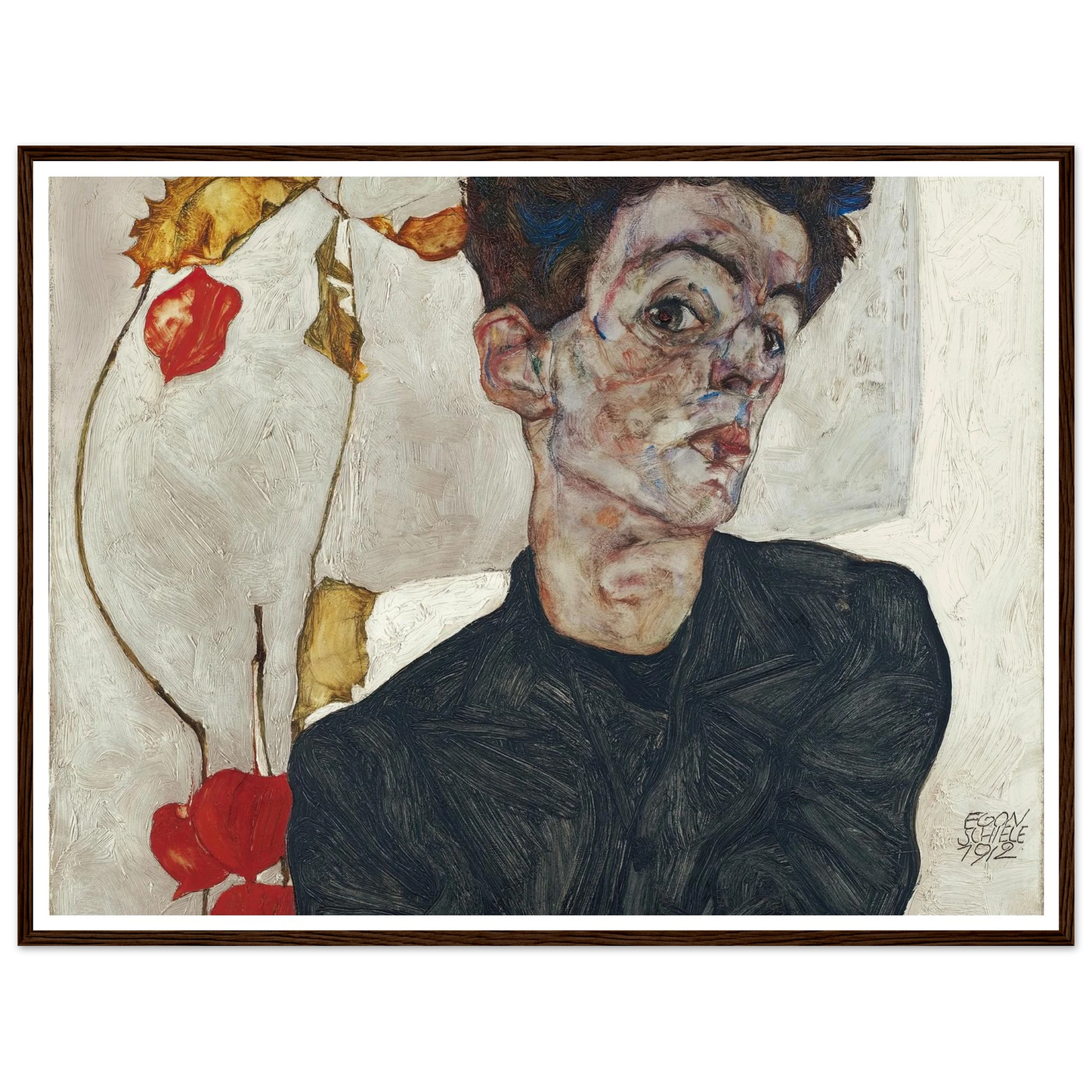 Self-Portrait With Physalis (1912) Art Print | Egon Schiele - Framed Poster - 30x40 cm / 12x16″ - Black frame