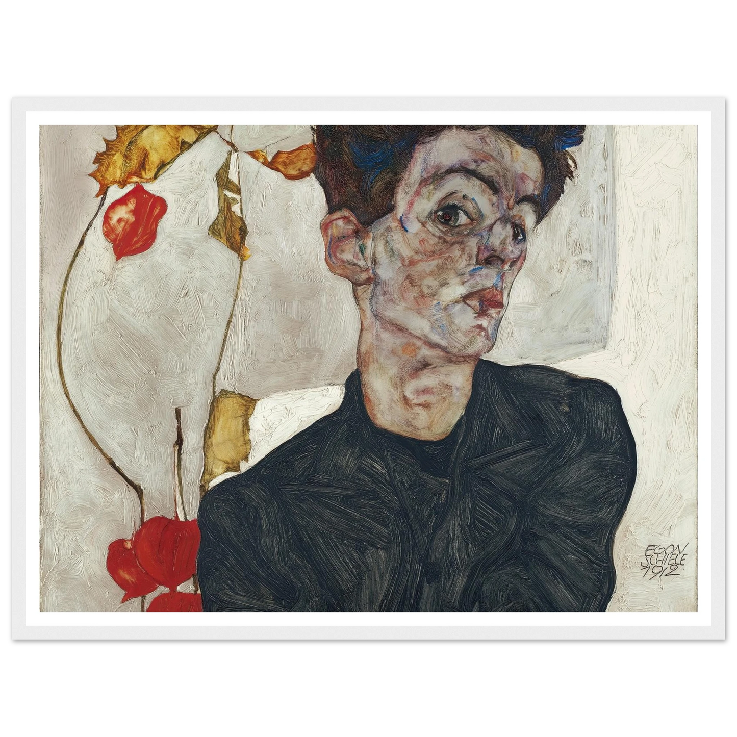 Self-Portrait With Physalis (1912) Art Print | Egon Schiele - Framed Poster - 30x40 cm / 12x16″ - Black frame