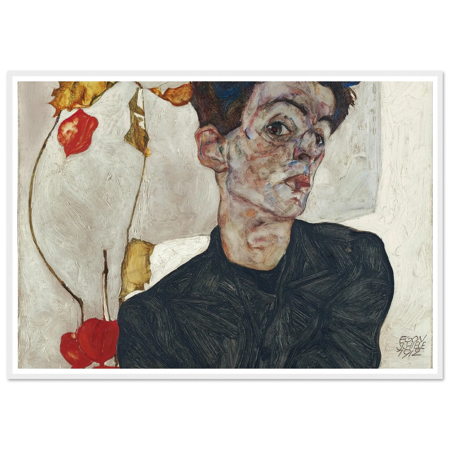 Self-Portrait With Physalis (1912) Art Print | Egon Schiele - Framed Poster - 30x40 cm / 12x16″ - Black frame