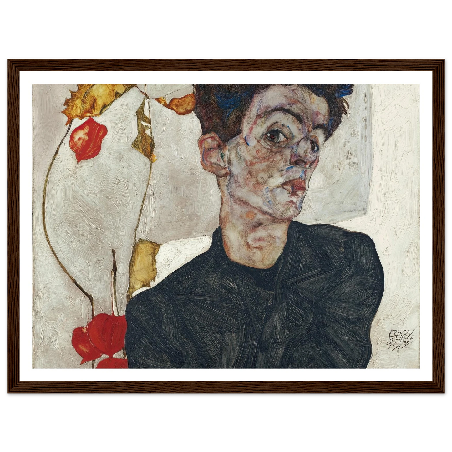 Self-Portrait With Physalis (1912) Art Print | Egon Schiele - Framed Poster - 30x40 cm / 12x16″ - Black frame