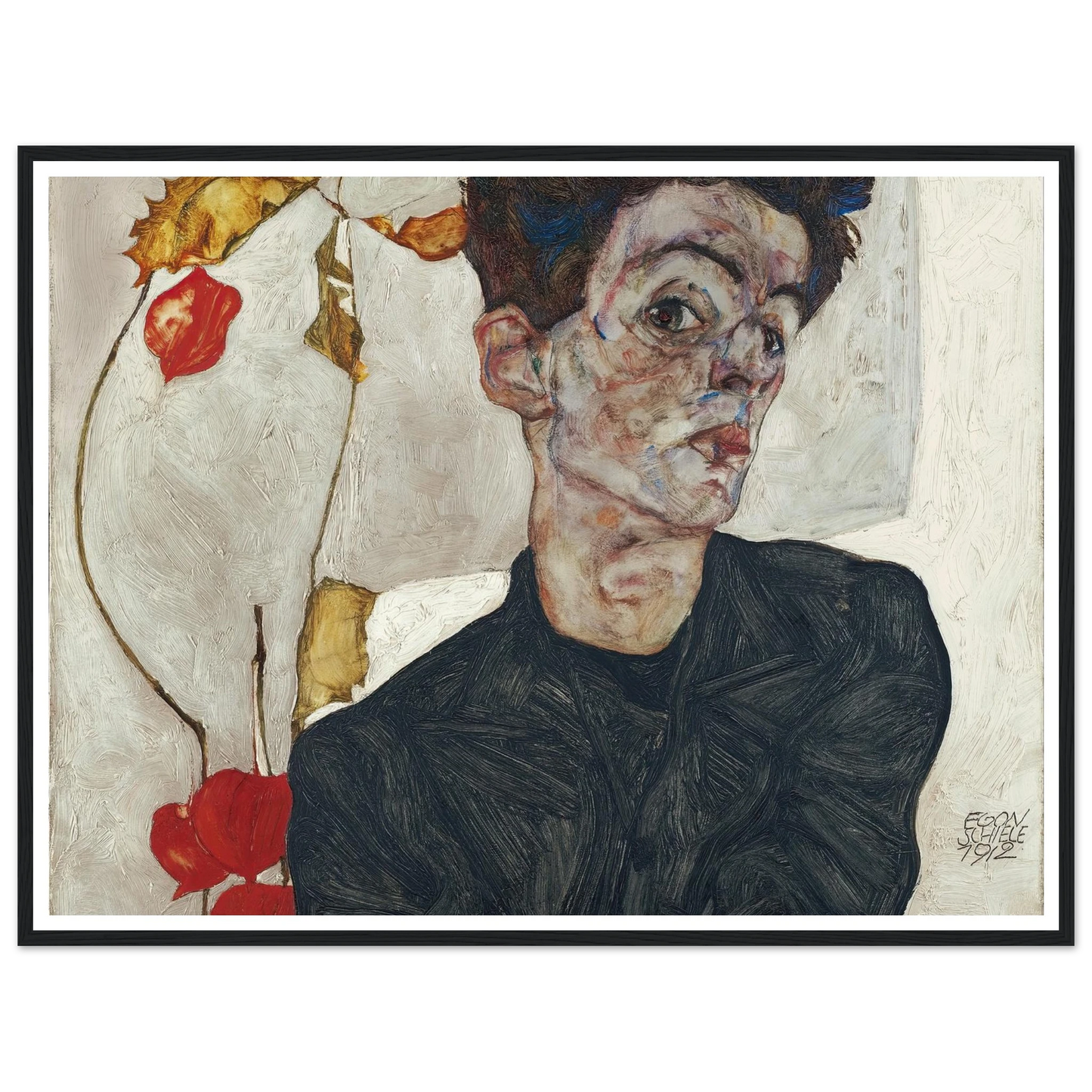 Self-Portrait With Physalis (1912) Art Print | Egon Schiele - Framed Poster - 30x40 cm / 12x16″ - Black frame