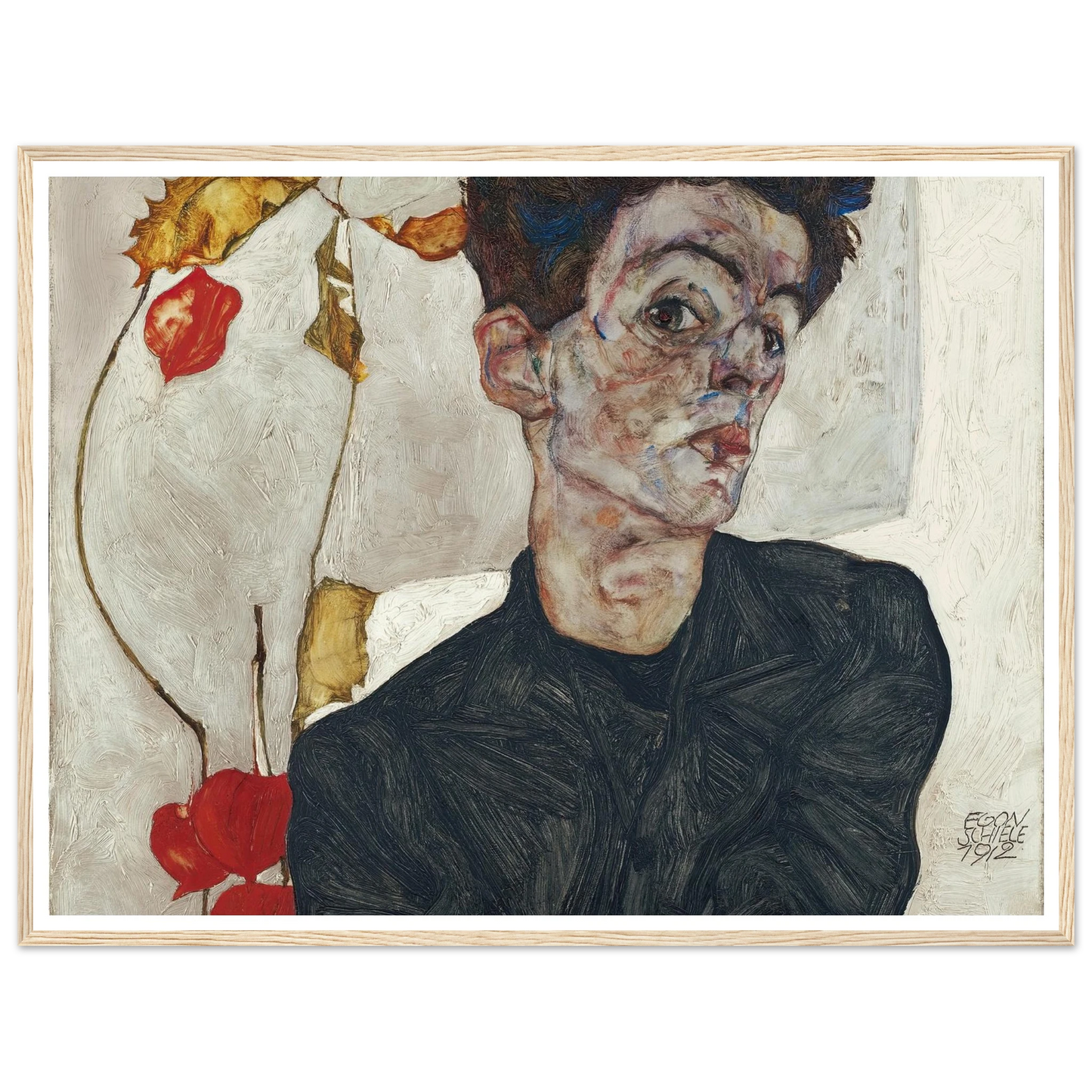 Self-Portrait With Physalis (1912) Art Print | Egon Schiele - Framed Poster - 30x40 cm / 12x16″ - Black frame