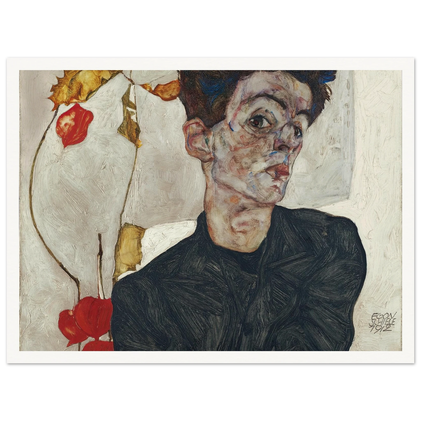Self-Portrait With Physalis (1912) Art Print | Egon Schiele - Framed Poster - 30x40 cm / 12x16″ - Black frame