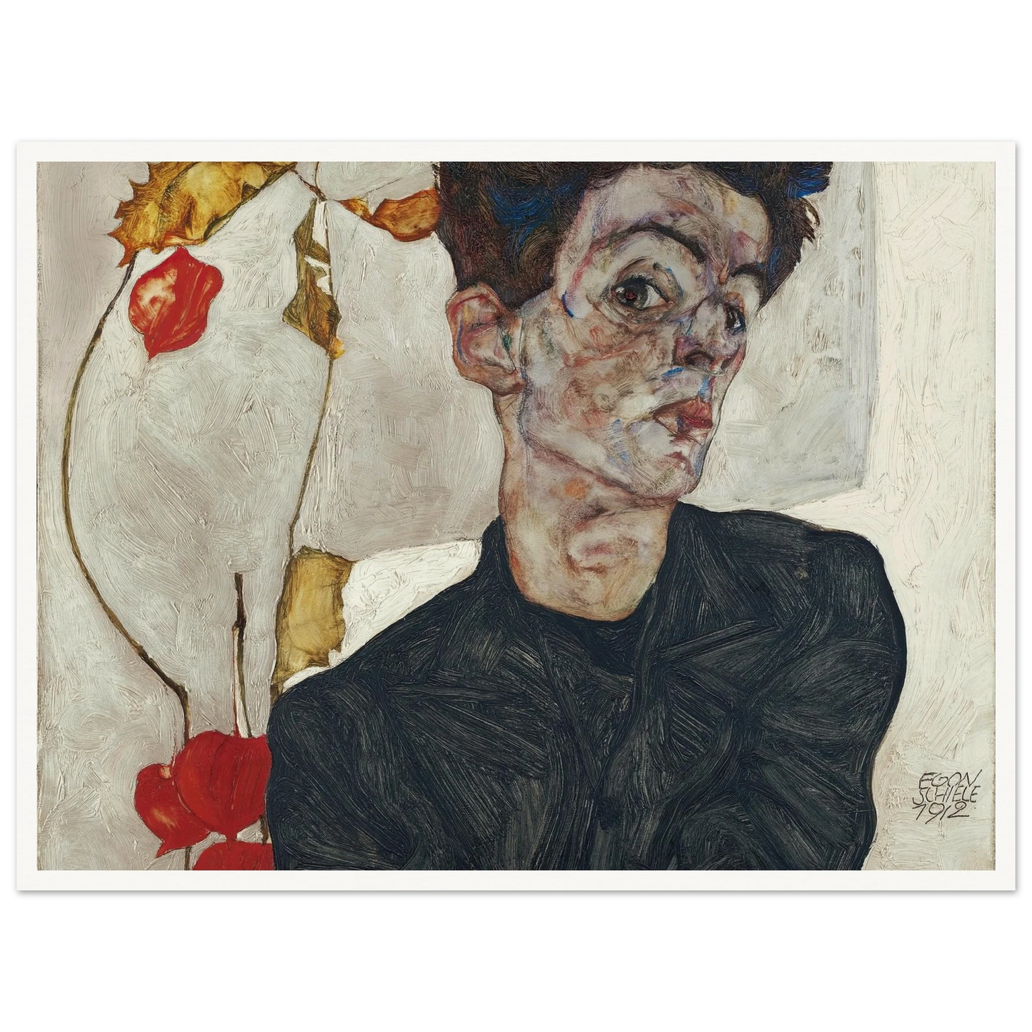 Self-Portrait With Physalis (1912) Art Print | Egon Schiele - Framed Poster - 30x40 cm / 12x16″ - Black frame